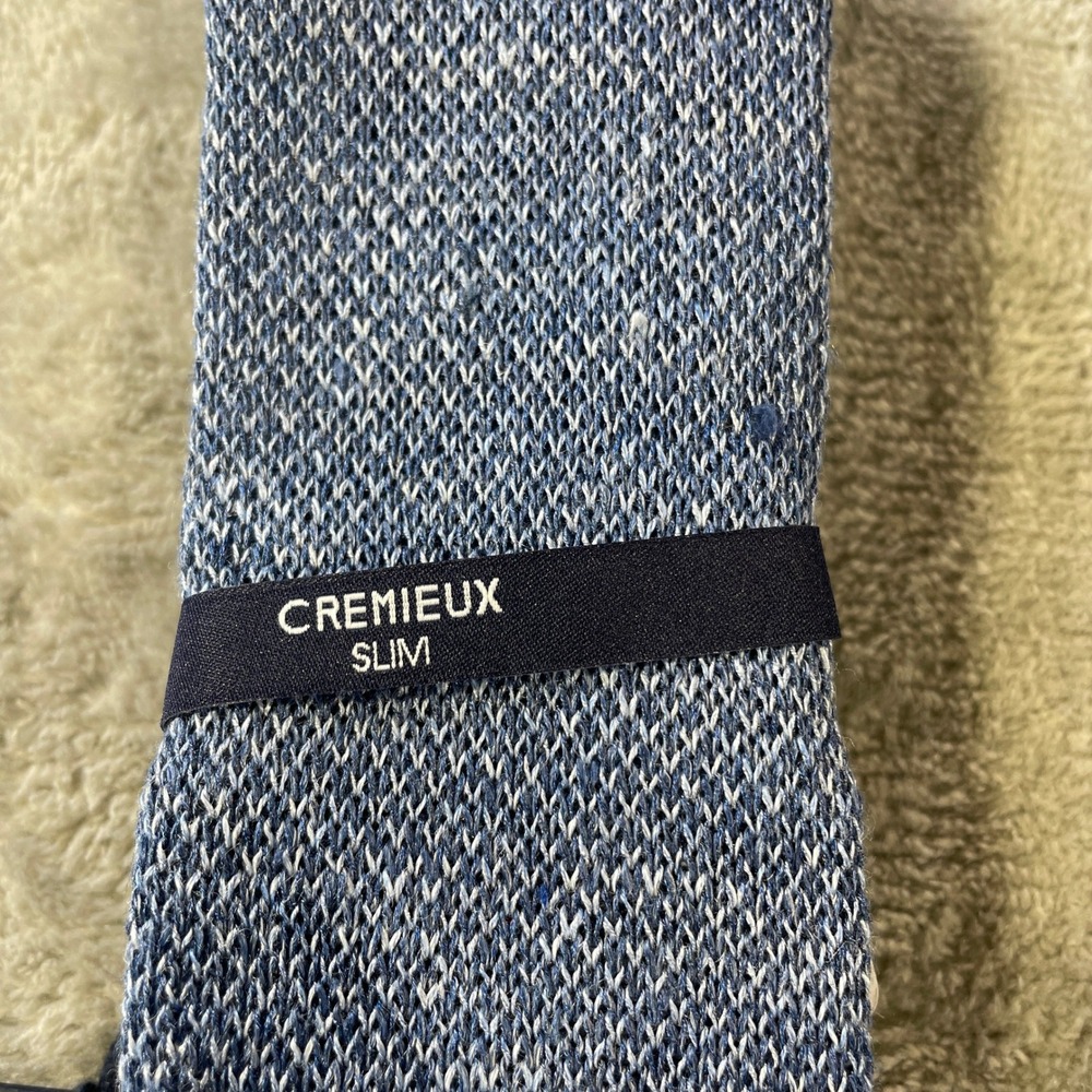 Cremieux Slim Necktie Tie Blue White Linen Silk Knit Italy Minimalist Luxury - Picture 2 of 8